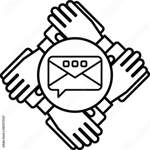 The envelope is labeled "mail" and the hands are labeled "friends"