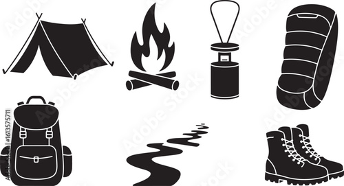 Camping Adventure Icons Set Outdoor Recreation Gear Tent Bonfire Backpack Boots Sleeping Bag Lantern