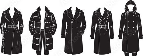 Coat Silhouettes Collection Stylish Outerwear Designs for Autumn and Winter Season Black Vector