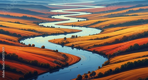 Winding River Flowing Through Autumnal Landscape Cartoon Illustration