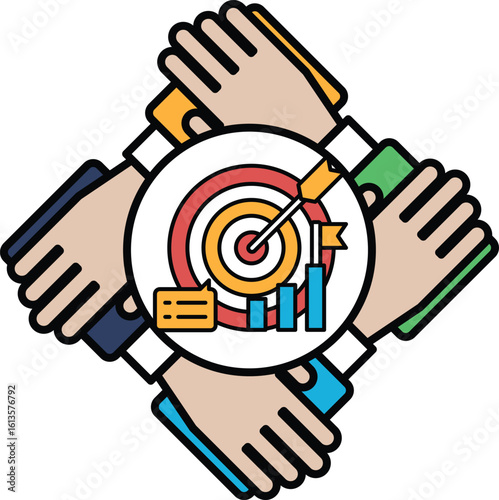 A group of people holding hands around a target with a red arrow pointing to it