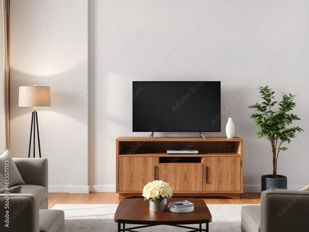 Obraz premium Modern Living Room Interior Mockup with TV Cabinet, Lamp, Table, Flowers, and Indoor Plants (AI Generated)
