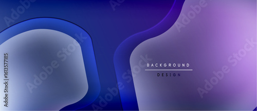 Abstract background features layered shapes, gradients. Purple, blue hues create modern design. Minimalist aesthetic, smooth transitions present.