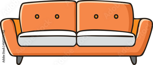 A stylish orange couch with light gray cushions, featuring a mid-century modern design.