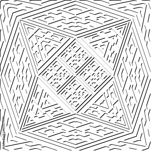  3d relief tiles.Vector pattern with symmetrical elements. Modern stylish abstract texture. Repeating tiles from striped elements. Black and white pattern.