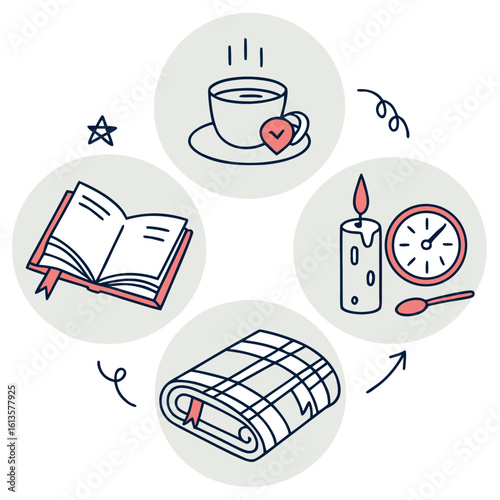 Illustration of cozy scene with book, tea, candle, clock, and blanket arranged in circular pattern