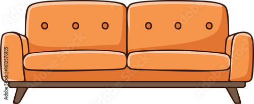 A cartoon illustration of a comfortable, orange two-seater sofa, with armrests.