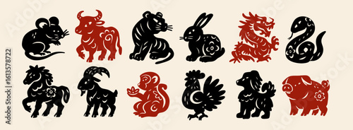 Oriental, Chinese horoscope zodiac set. Cute characters. Animal symbols of Chinese New year. Calendar logo, asian lunar astrology signs. Hand drawn trendy Vector illustration. Isolated design elements