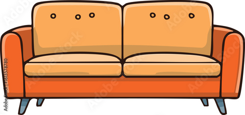 Cartoon illustration of an orange and beige two-seater sofa.