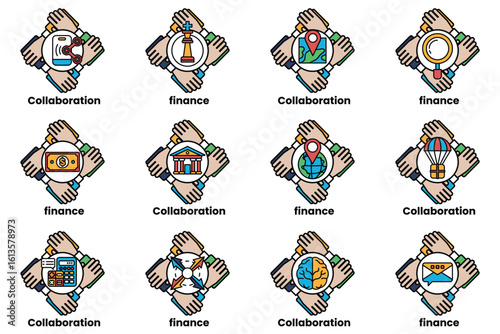 set of hand icons that represent different concepts such as collaboration