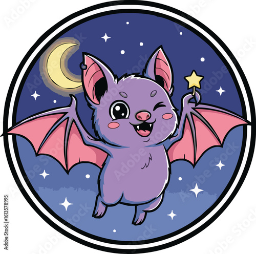 A cartoon bat winks while holding a star wand, set against a night sky with a crescent moon and stars, all within a circular frame.