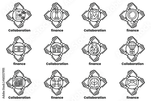 set of hand icons that represent different concepts such as collaboration