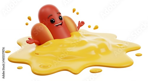 Cartoon hot dog in melted mustard