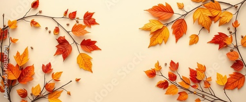 Elegant dried floral frame of autumn leaves & branches on beige , brown, background