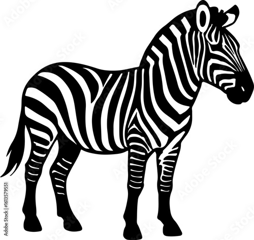 A striking black and white zebra standing proudly in a classic silhouette against a plain background