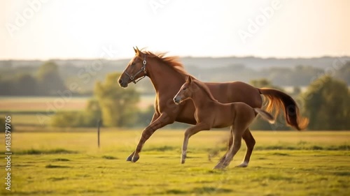 Young adult mare and foal running across lush green field during sunset with smooth camera motion