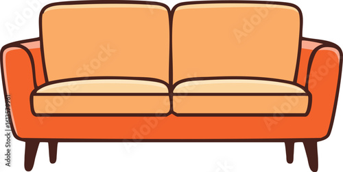 Orange two-seater sofa, simple line art style, home furniture illustration.