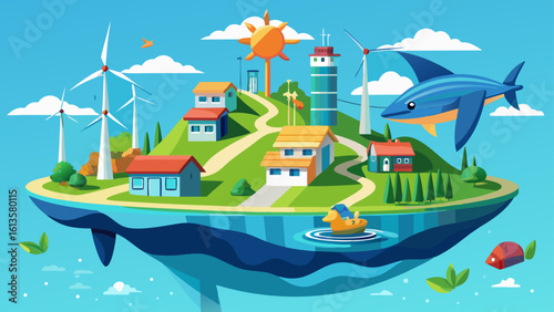 Whimsical floating island village powered by wind turbines and solar energy with a playful shark overhead.