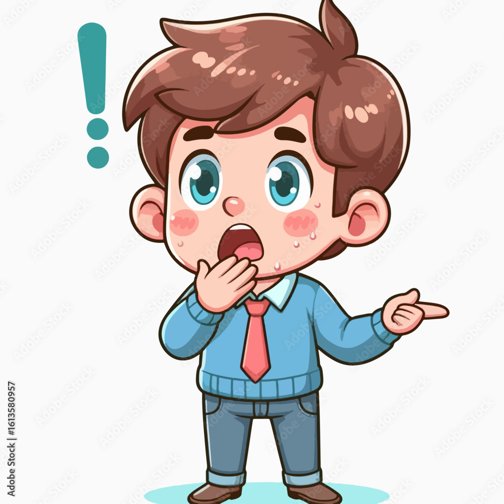 Obraz premium Digitally rendered cartoon illustration of a boy with a surprised expression, pointing to the right. He is dressed in casual attire, and his expression portrays amazement.
