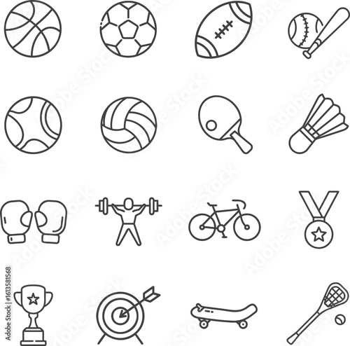 Sport Icons Set. Flat and Line Style Ball Symbols, Soccer Ball, Basketball, Baseball, Tennis Ball, Volleyball, Football, Golf Ball. Sports Equipment Vector Illustrations