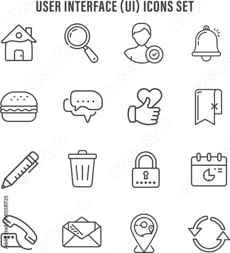 Basic User Interface Icon Set. Flat and Line Style UI Symbols, Buttons, Navigation, Settings, Home, Search, User Profile, Menu, Notification, and Control Panel Vectors