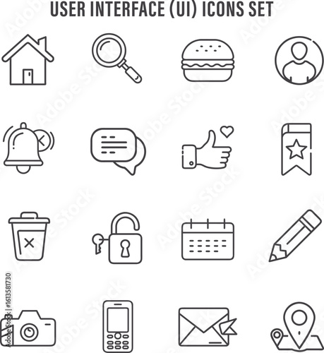 Basic User Interface Icon Set. Flat and Line Style UI Symbols, Buttons, Navigation, Settings, Home, Search, User Profile, Menu, Notification, and Control Panel Vectors