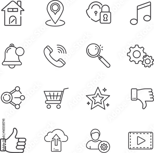 Basic User Interface Icon Set. Flat and Line Style UI Symbols, Buttons, Navigation, Settings, Home, Search, User Profile, Menu, Notification, and Control Panel Vectors