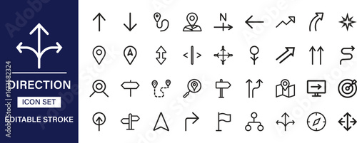 Direction line icon set. Includes arrows, compass, map, pin, route, GPS, signboard, and waypoint symbols. Clean linear vector style.