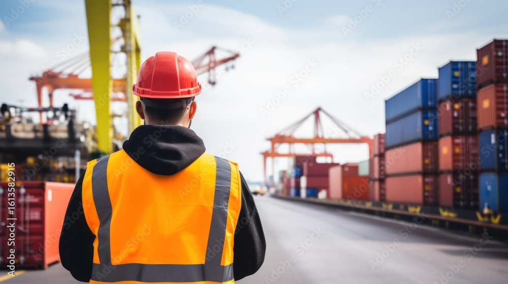 Fototapeta premium A man in a red hard hat and orange safety vest standing in front of a container ship with colorful containers.
