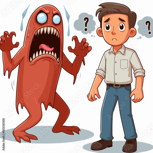 Cartoon illustration depicts a frightening red monster facing a worried child. The characters are depicted in a vibrant, bold style.
