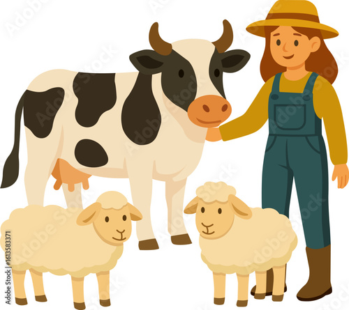 Flat vector illustration of a smiling young female farmer standing with a cow and two sheep.
