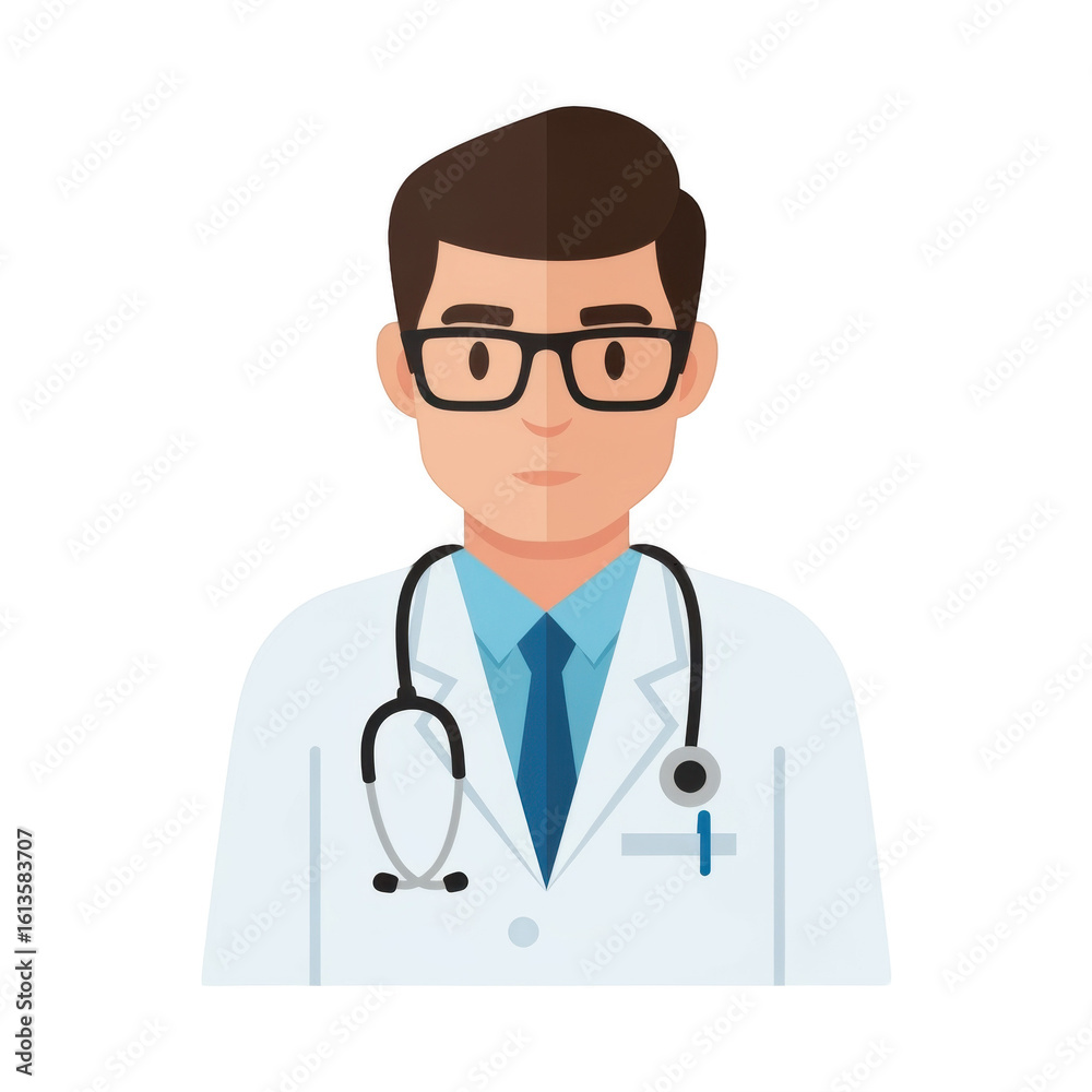 Fototapeta premium A male doctor, wearing glasses and a white coat, is depicted in a simple, flat-style illustration.
