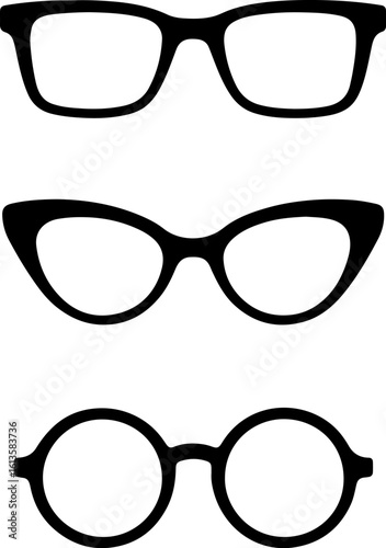 Three distinct styles of eyeglasses presented as black silhouettes against a white background silhouette