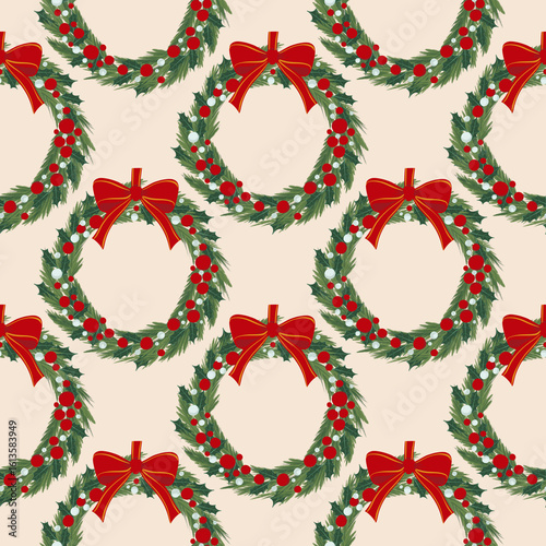 Seamless Christmas pattern with festive wreaths decorated with green leaves, red berries, and red bows. Perfect for holiday wrapping paper, textiles, greeting cards, packaging, and seasonal decor.