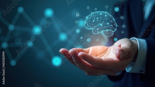 LLM Large Language Model and AI technology concept. Man holds LLM icons, artificial intelligence, deep learning, machine learning, NLP natural language processing, Chat AI, Chatbot.