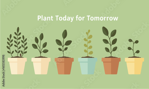 Flat Illustration Set With Green Plants Growing In Ceramic Pots Suitable For Campaign Posters And Educational Use Flat Design Style