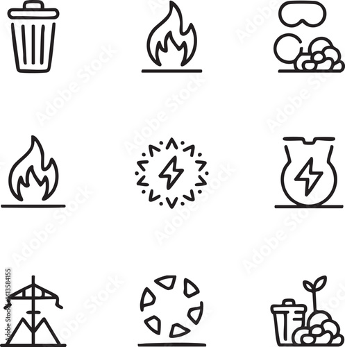 Ecology and energy vector icon set outline style trash can,fire,smoke,electricity,power line,recycling,renewable energy,waste management,pollution icon set