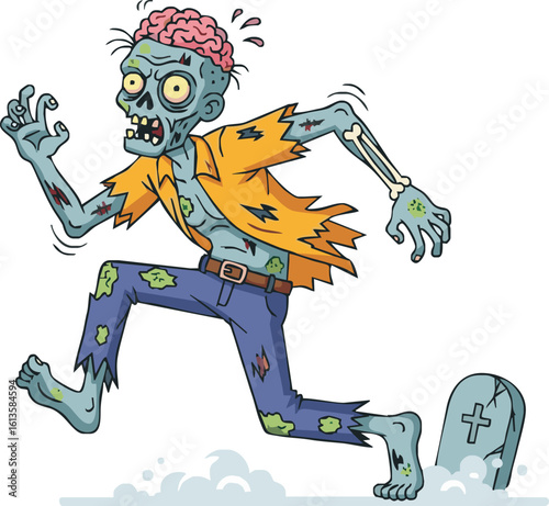 Cartoon zombie running, brain exposed, distressed expression, tattered clothing.