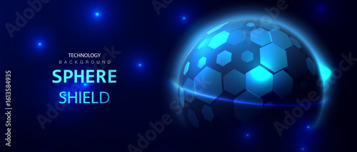 Ai ball protect concept. Sphere shield background. Dome globe barrier technology vector. Cyber protection hexagon shield futuristic design.
