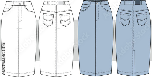 Denim midi pencil skirt fashion technical drawing, flat sketch, illustration.  Front and back view, vector. Cad, Mockup.