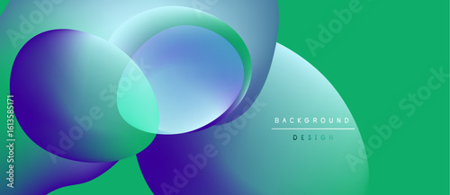 Abstract vibrant design features overlapping circles. Gradient colors blend, creating modern visual effect. Green background complements composition.