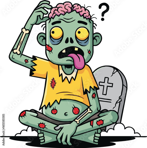 A confused cartoon zombie with an exposed brain sits scratching its head next to a tombstone, pondering with a question mark.