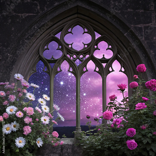 Stained glass window with colorful blooming flowers in a charming old building