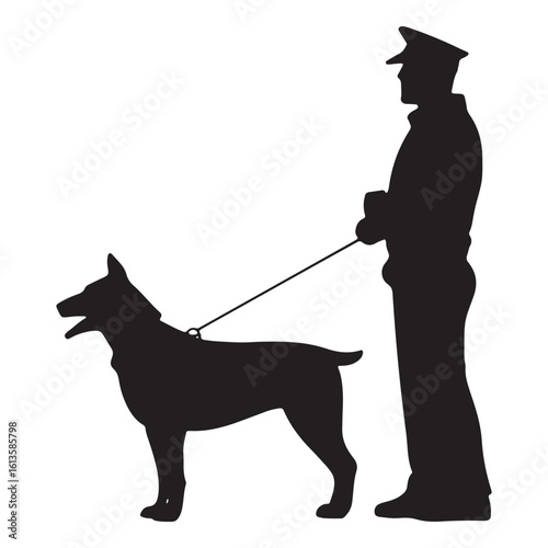 Silhouette of a Police Officer with Canine Companion on Transparent Background Vector