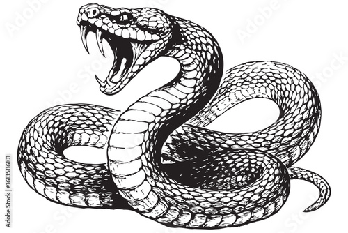 black and white aggressive snake, open mouth showing fangs, dangerous snake in attack pose, detailed reptile art