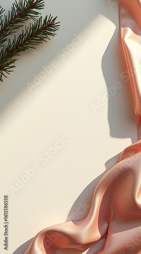 Minimalist Christmas Flat Lay with Pine Branch and Ribbon