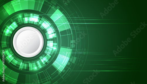 Futuristic digital technology green background with glowing circular HUD elements and data lines. Sci-fi interface design with abstract circuits, perfect for high-tech and innovation themes.