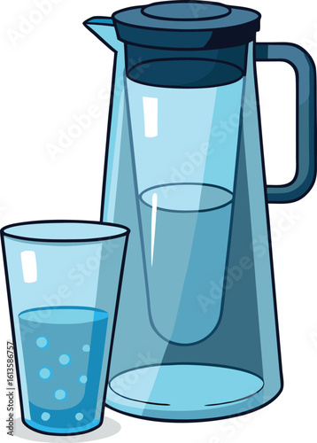 Blue glass pitcher and drinking glass with water beverage