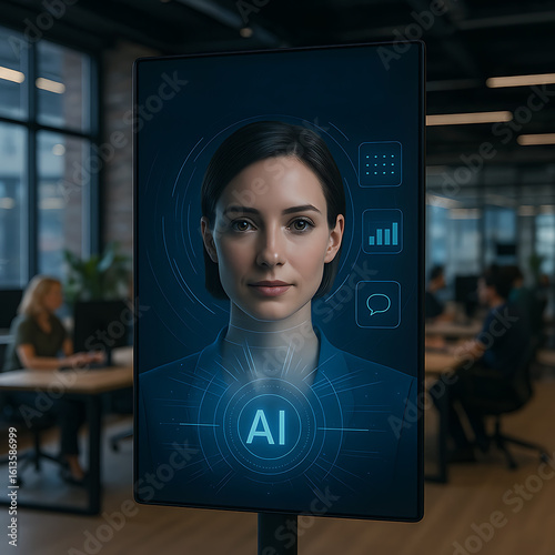 AI virtual assistant chatbot interface on modern desktop monitor inside contemporary tech office setup