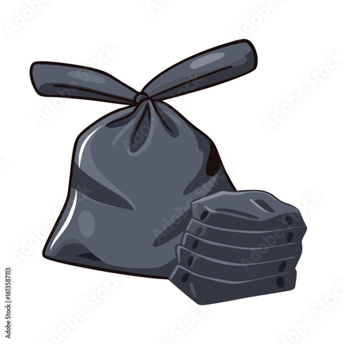 Dark garbage bag tied with a knot next to a stack of trash bags black plastic